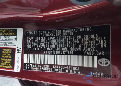 2015 Toyota Avalon Xle from USA, damaged, VIN 4T1BK1EB6FU171836
